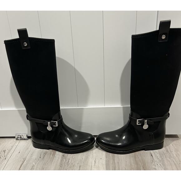 Michael Kors Rain Boots Size 6 Black Rubber & Neoprene. MK Silver Charm Logo. - Picture 1 of 8